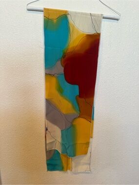 Abstract Multicolor Silk Scarf - Turquoise, Mustard & Rust signed hand painted